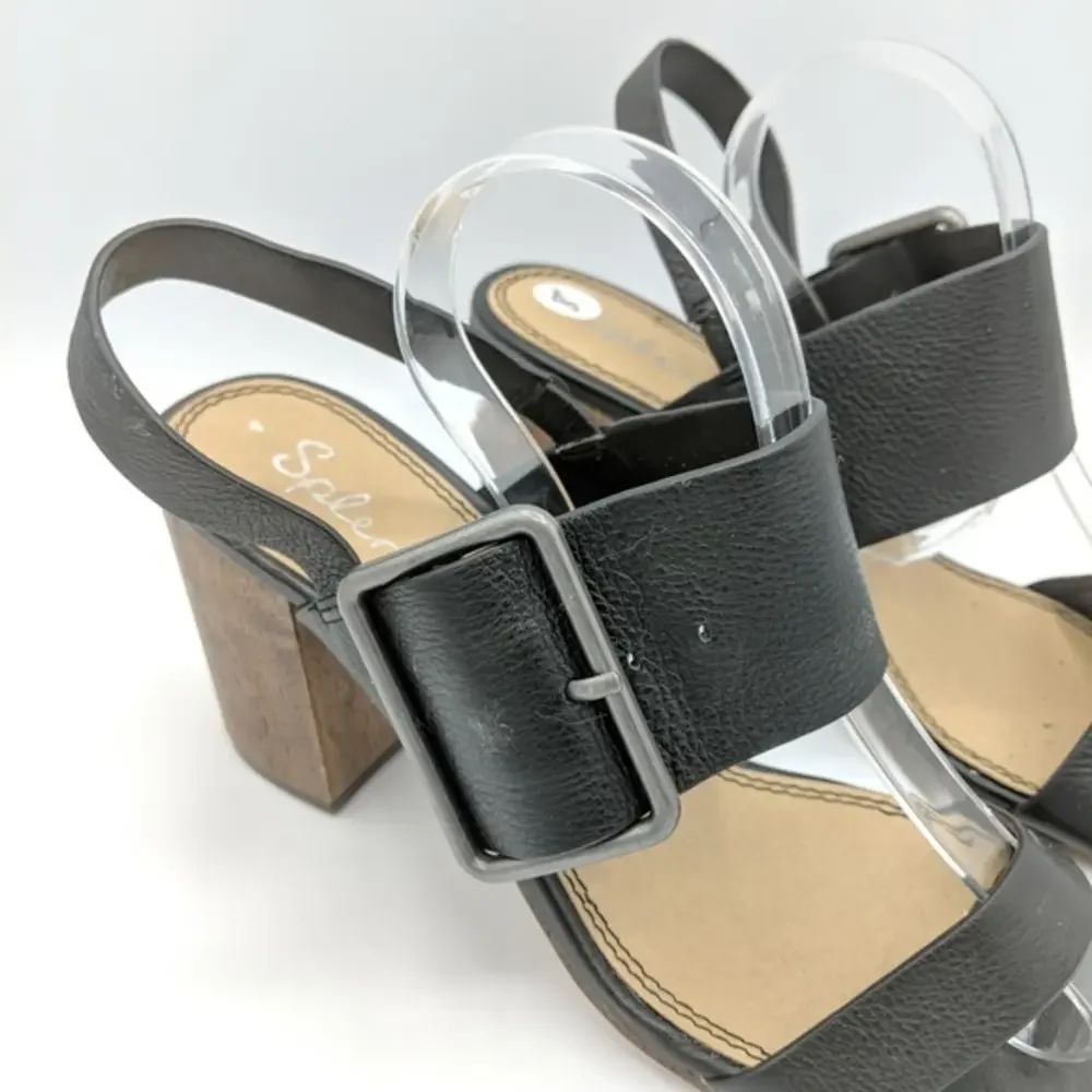 Splendid Womens Size 8 Black Wood‎ Heels Buckle Vacation Open Toe Slingback